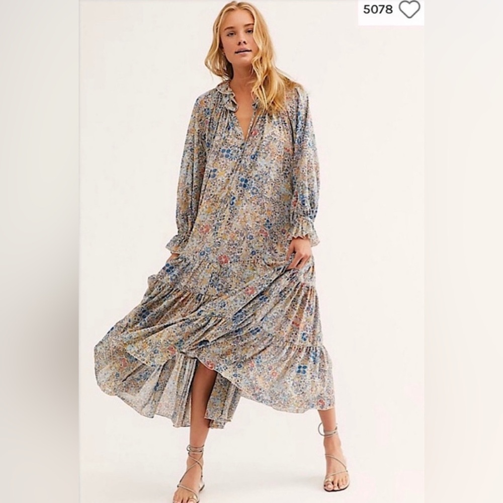 Free People Feeling Groovy Floral Maxi Dress in Blue and Cream